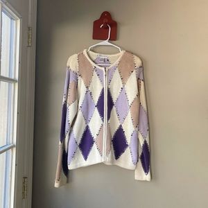 Vintage Dressbarn Abstract Diamond Knit Granny Zip Up Sweater L